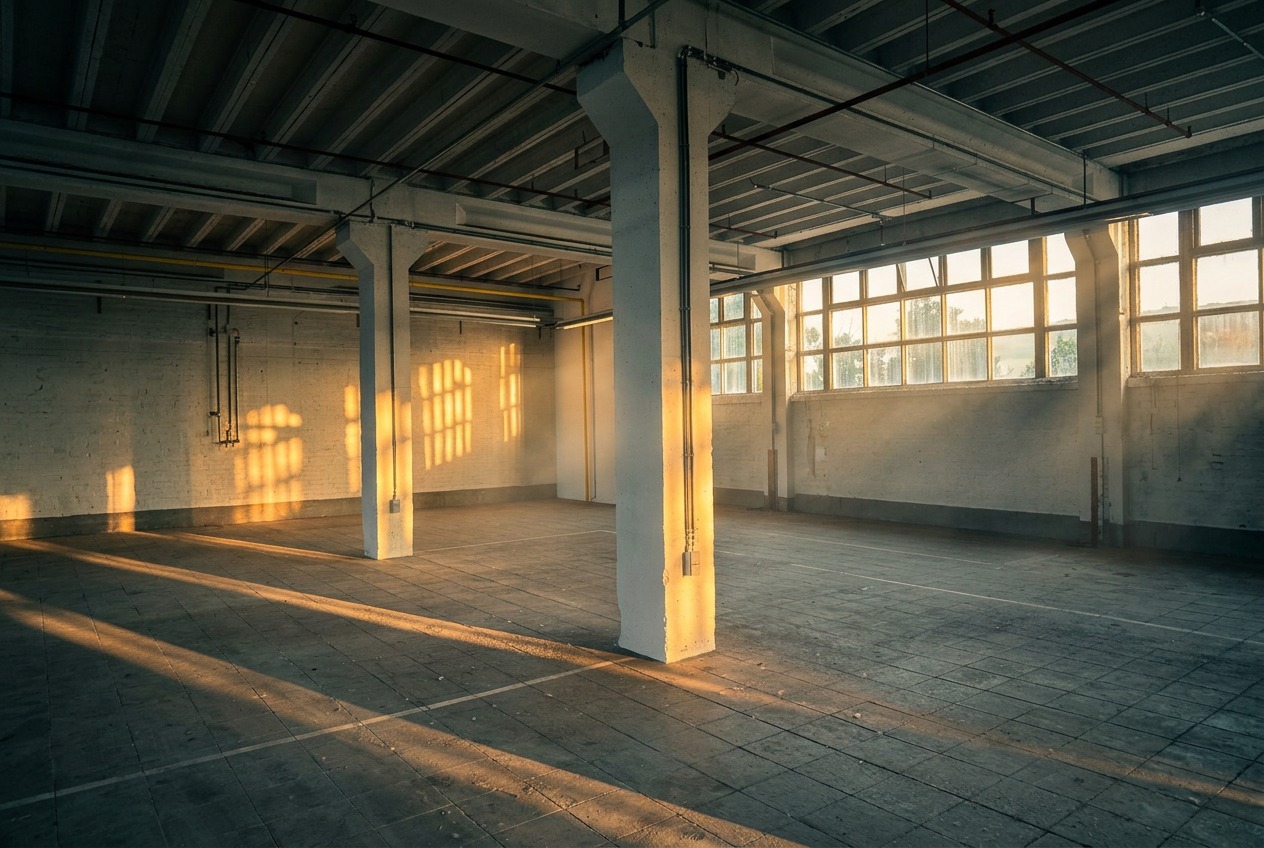 Industriële hal van RE|CORE in Hasselt met avondlicht door de fabrieksramen